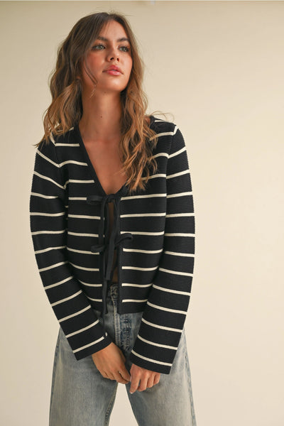 Black & White Striped Tie Front Cardigan