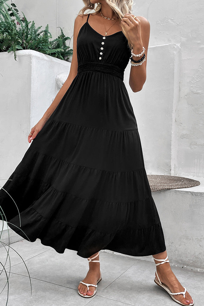Black V-Neck Button Black Dress