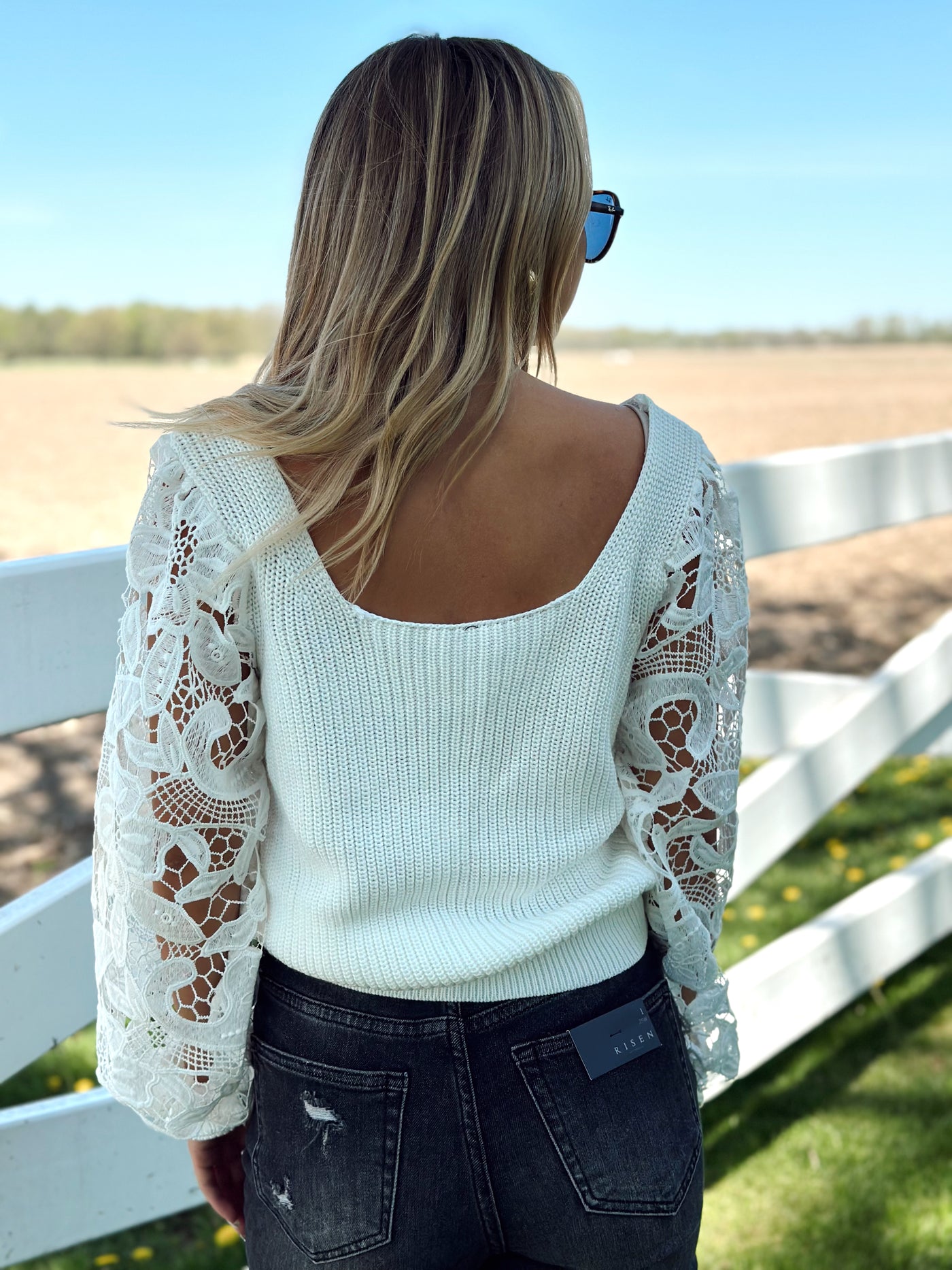 White Crocheted Lace Sleeve Sweater
