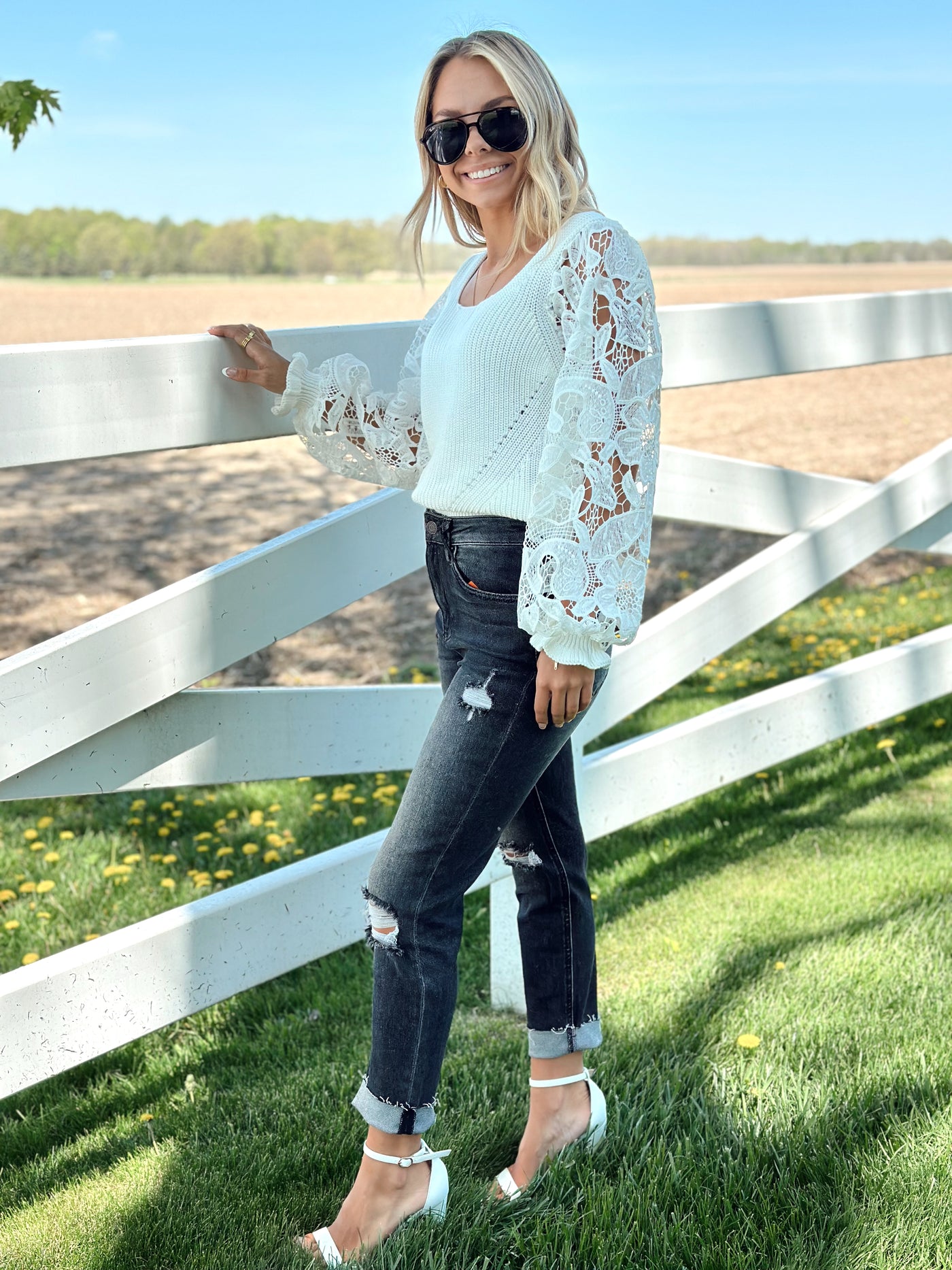 White Crocheted Lace Sleeve Sweater