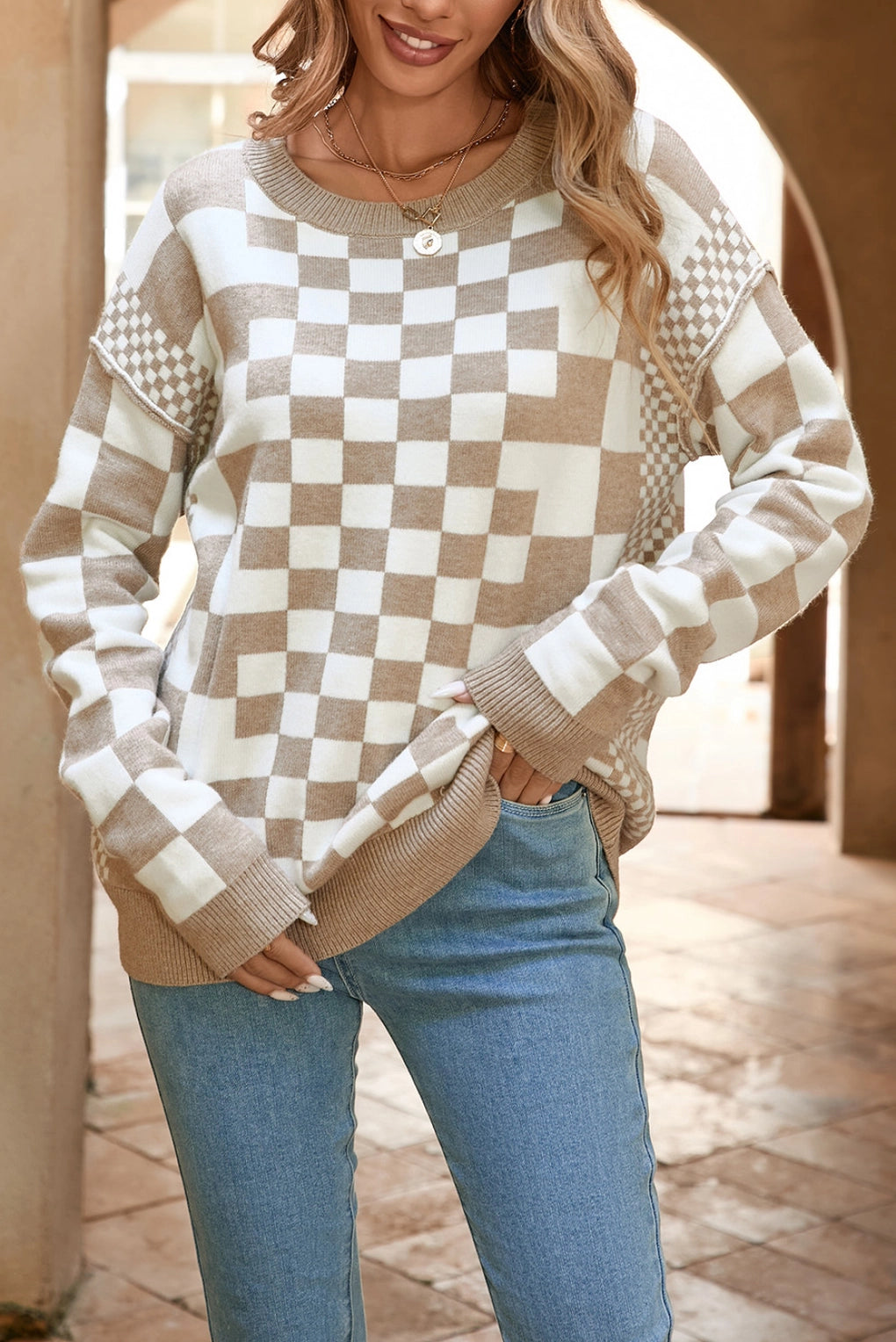 Beige Checkered Print Sweater