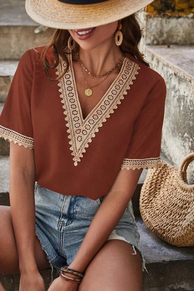 Brown Lace V-Neck Top