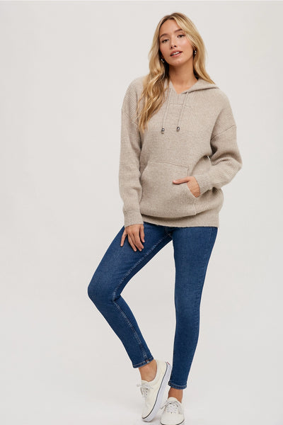 Oatmeal Ribbed Knit Sweater Hoodie
