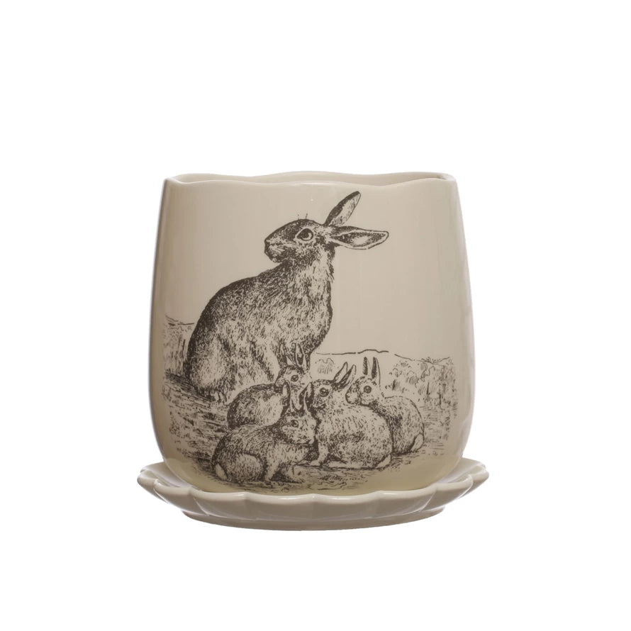 Stoneware Planter with Rabbits & Scalloped Saucer