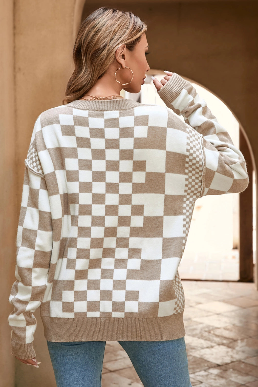 Beige Checkered Print Sweater