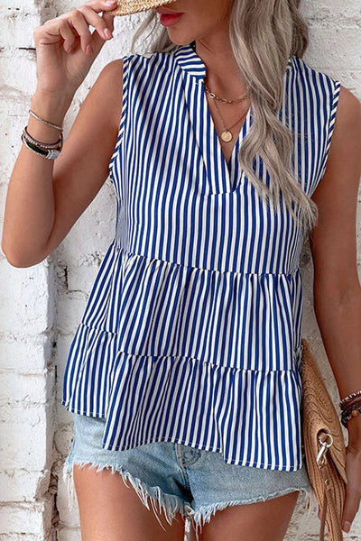 Blue Stripes V-Neck Babydoll Blouse