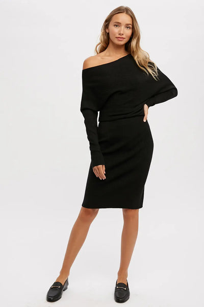 Open Shoulder Black Sweater Dress
