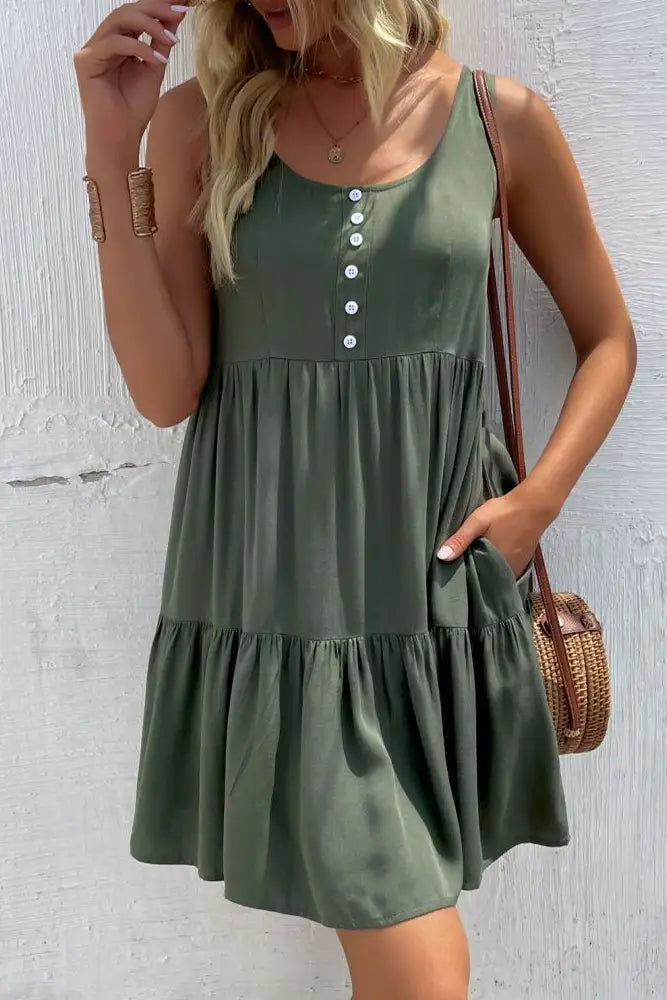 Olive Green Button Down Tiered Dress
