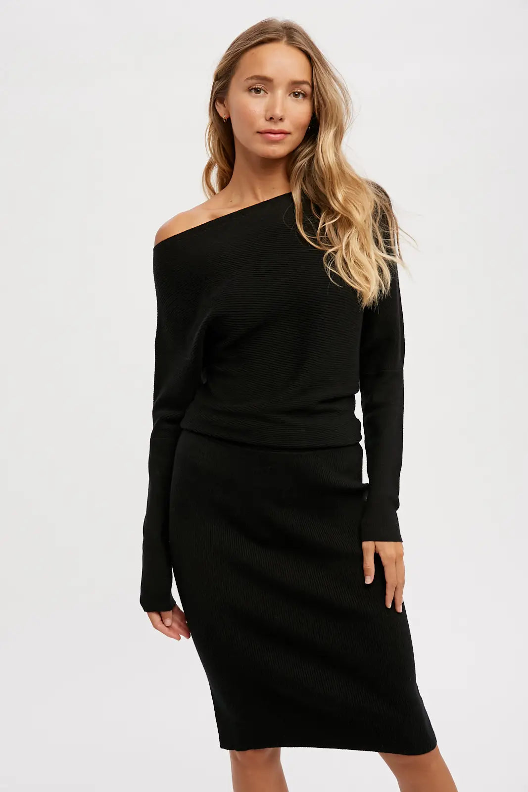 Open Shoulder Black Sweater Dress