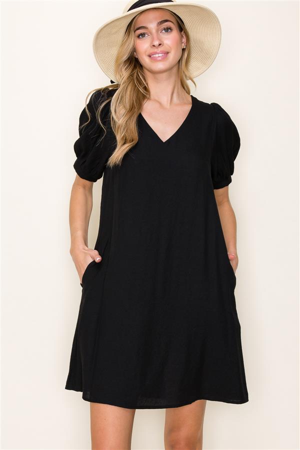 Back Puff Sleeve Dress with Pockets