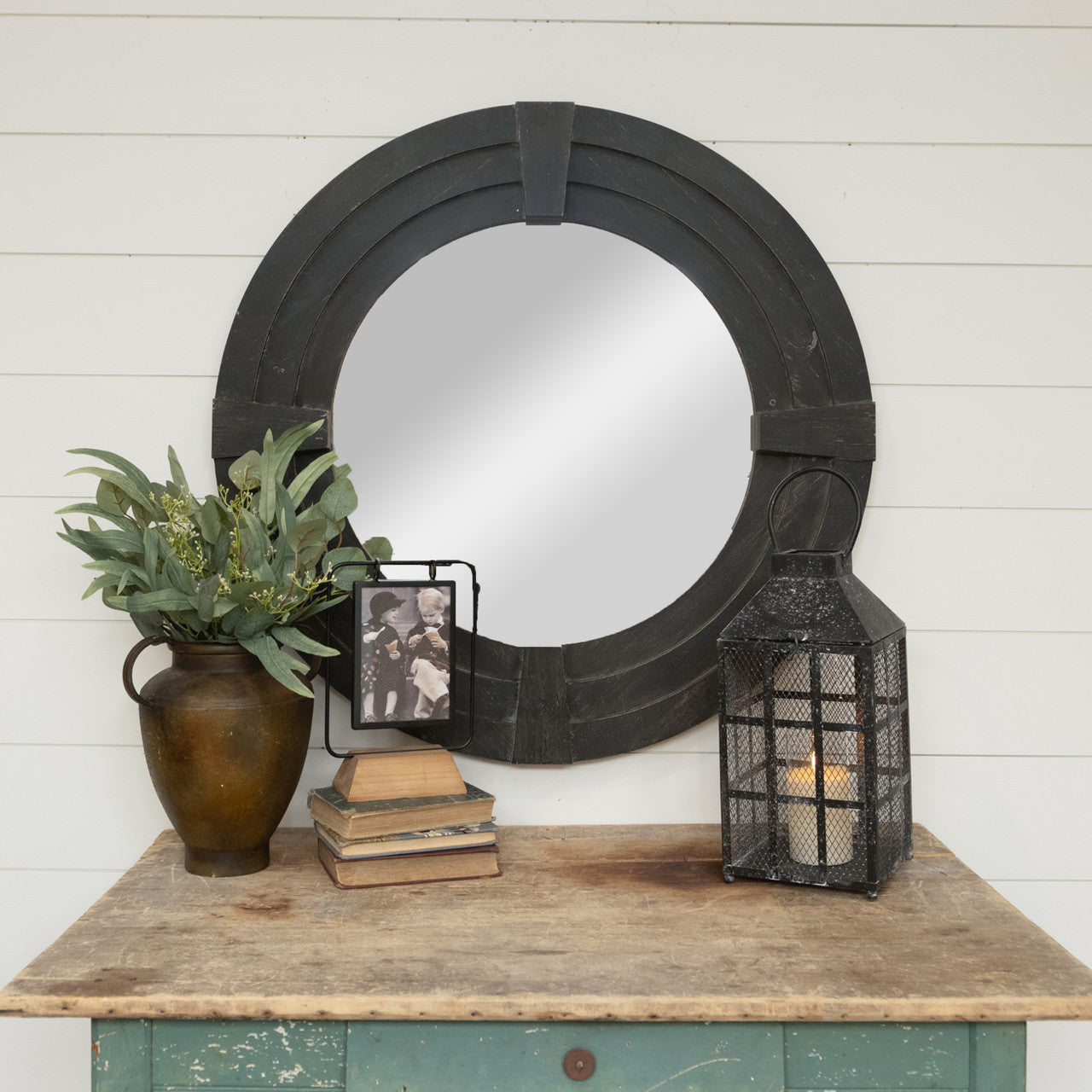 Round Black Wood Wall Mirror