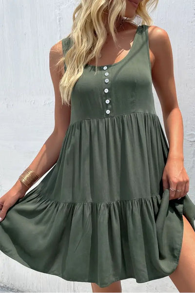 Olive Green Button Down Tiered Dress