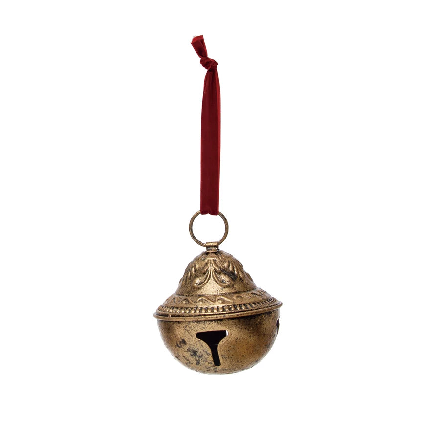 Gold Metal Sleigh Bell with Red Ribbon